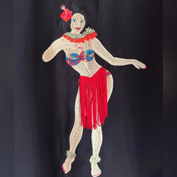 Vintage Black Shirt with Embroidered Hula Dancer - Picture 3 of 7